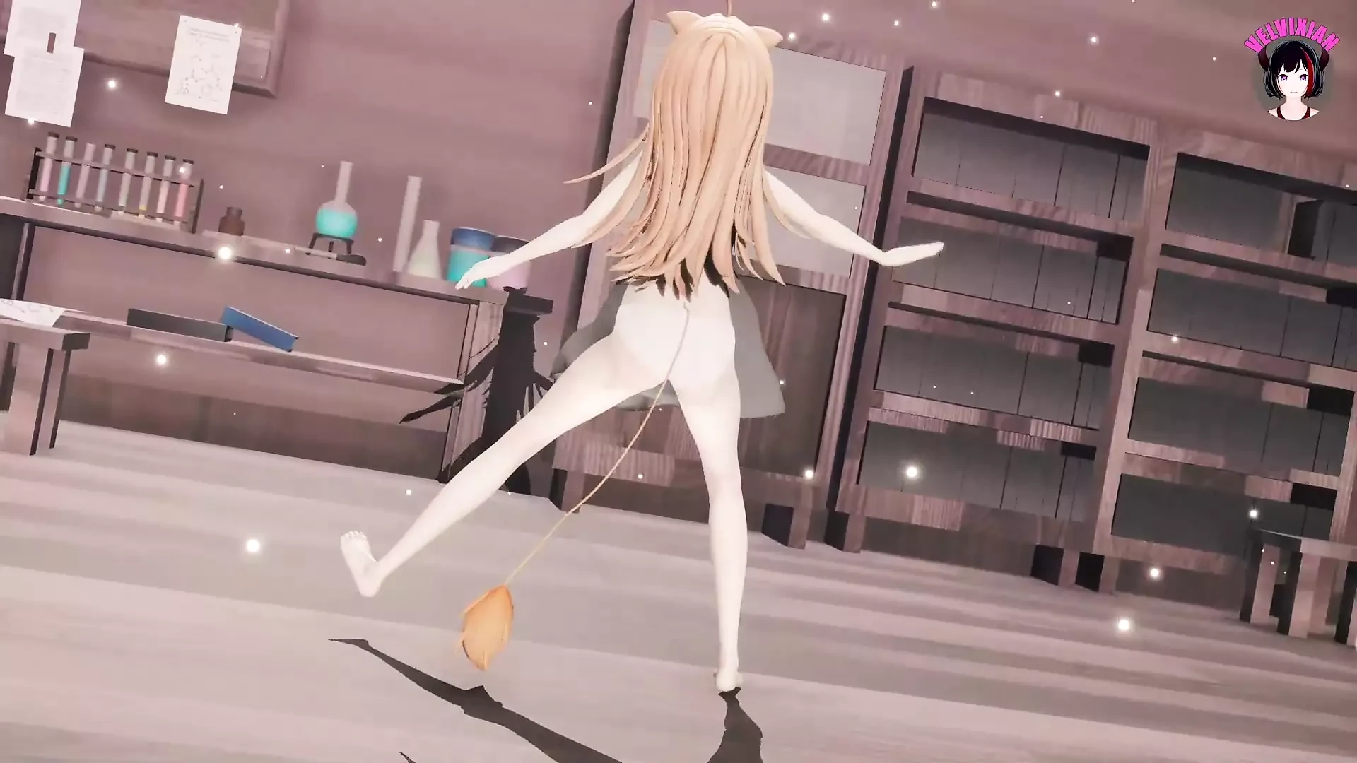 Χαριτωμένη νεαρή με λευκό φόρεμα χορεύει (3d hentai)
