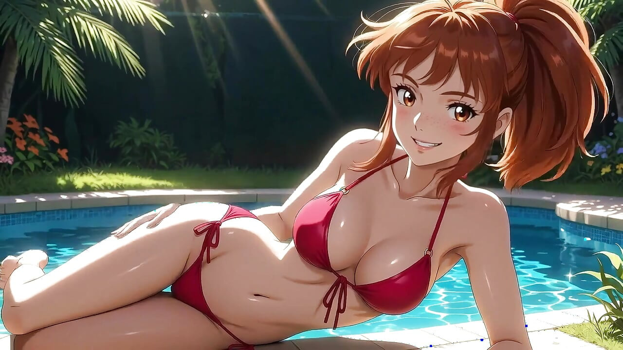 AI女孩在泳池邊性感地享受 - 吉卜力工作室風格