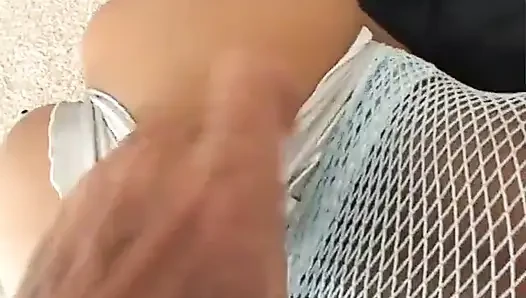 Lovely boobs brunette in white fishnet top gets cum after super fuck on sofa