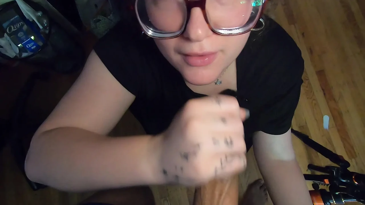 Chubby white girl with Glasses chokes on cock and swallows cum