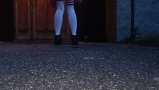 Outside of a church, stripping off all clothes, doggystyle and some sucking on this big cock