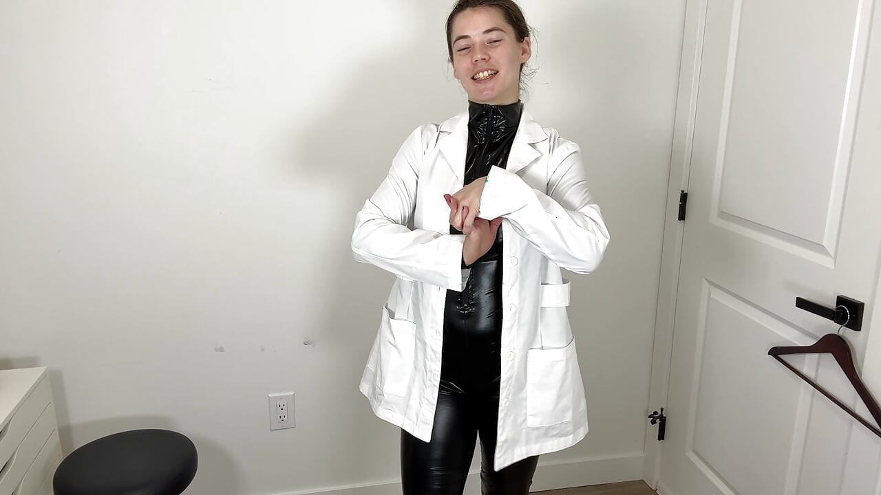 Trying on Shiny Spandex Catsuit with White Lab Coat