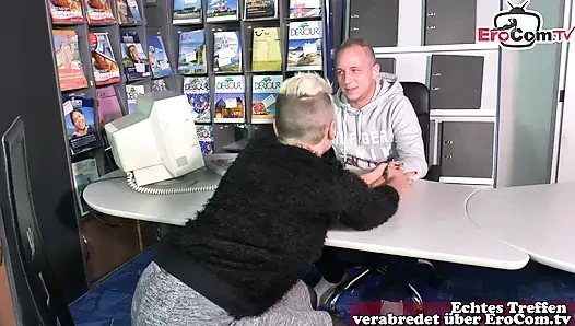 German short-haired stepmom seduces her stepson in the office