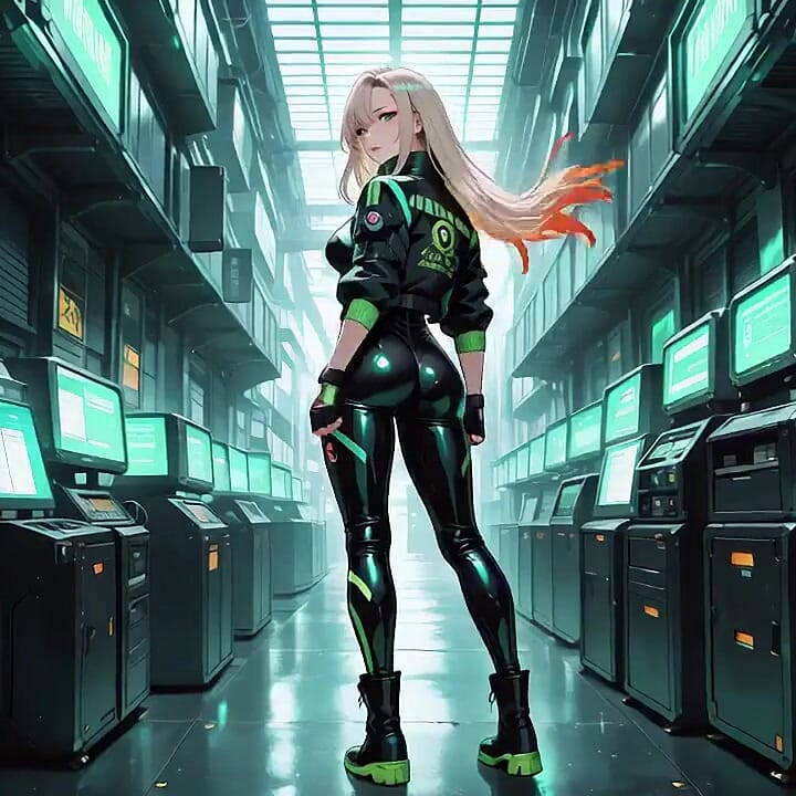 Neon Rain Night! Blonde Agent in Wet Leather Crouching Low, Holographic Glow & Cold Glances.