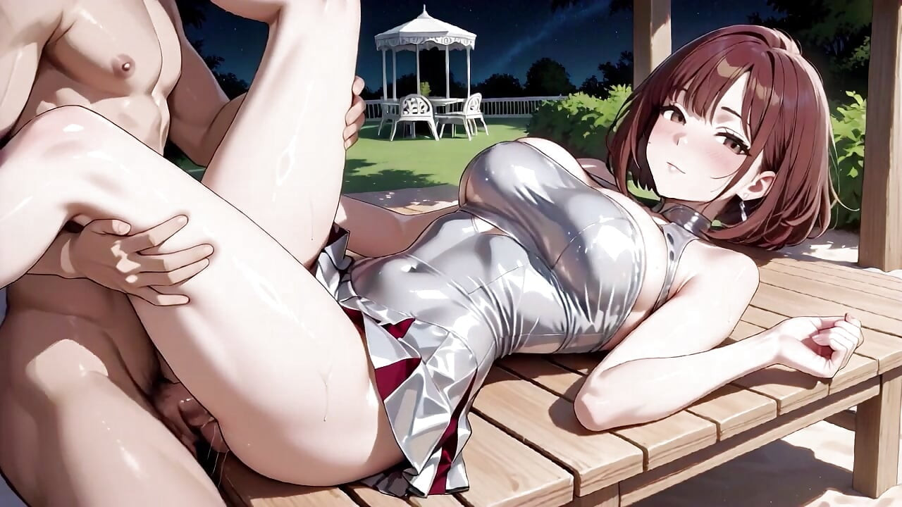 棕色头发的大奶子银色比基尼凉亭中出超负荷的 ahegao 眼睛翻滚