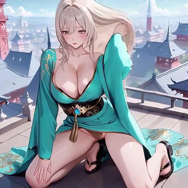 Emerald Kimono Queen! Languidly Sprawled on the Sun-drenched Bedroom Bed, She Gazes Back with a Sleepy Allure