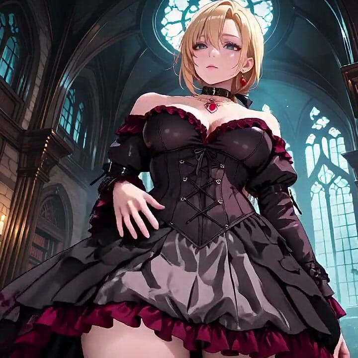 Blonde in a Black Gown Swaying on Red Velvet, Candlelight Gaze and Fan Teasing the Collarbone