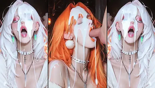 Anime-charaktere bekommen ihre gesichter gründlich mit sperma bedeckt.