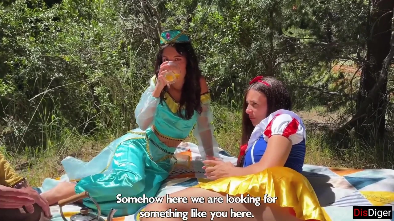 Cute Princesses Jasmine and Snow White Get Fucked by Rough Guys in a Fairy-tale Forest