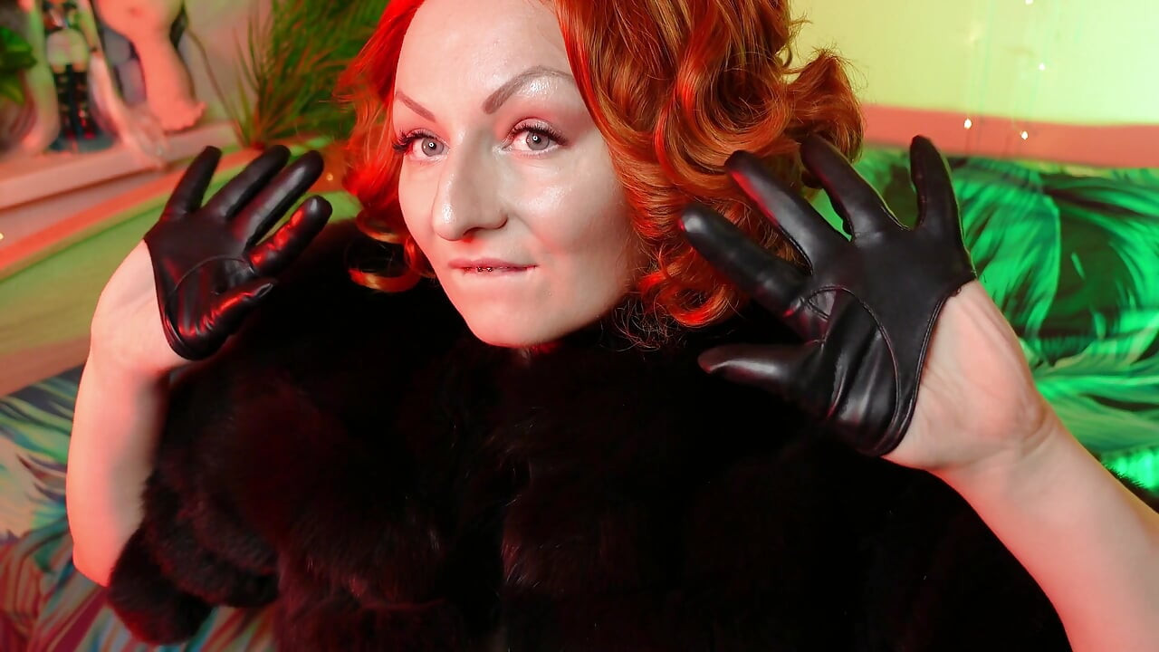 Sexy pin up Arya doing ASMR sounds with short leather gloves