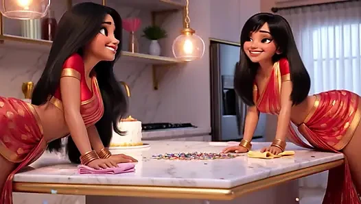 İki şehvetli Hintli lezbiyen geleneksel külotsuz elbisesini ortaya koyarak dört ayak üzerinde mutfak zeminini temizliyor