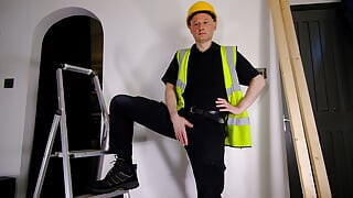 Workman strips naked and masturbates his uncut cock getting an erection wearing a hard hat
