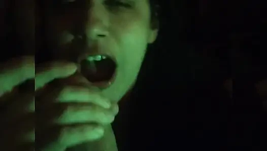 He chokes on my cock.