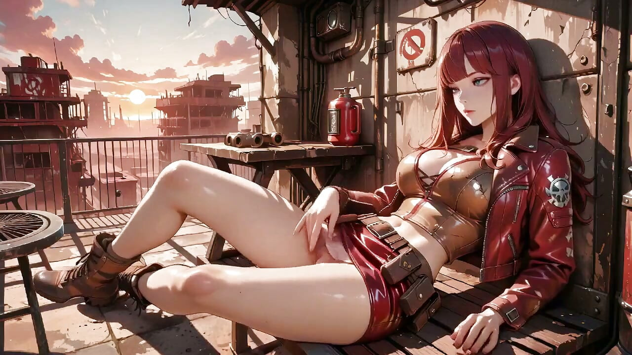 Tight Leather Suit Hugging Her Perfect Hips. She Lounges on the Broken Train Car, Hand Stroking Armor, Eyes Hazy yet Fierce.