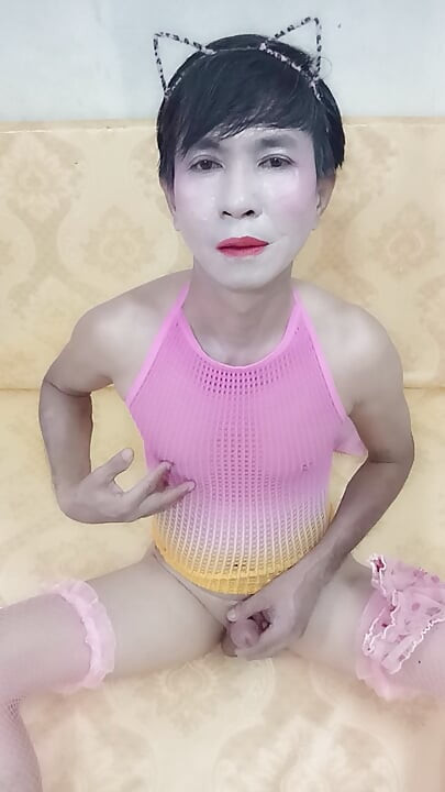 Transgender Oanh Le wears sexy clothes masturbating and ejaculates all over her body