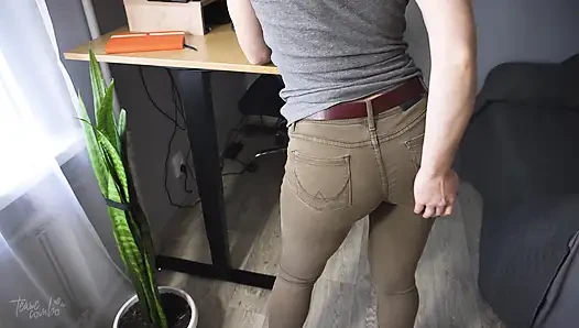 Hot Woman In Tight Jeans Walks Around And Teases Panty Line