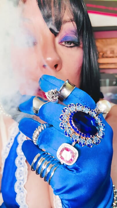 Tina Snua Chain Smokes 2 Cork Cigarettes In Satin With Gloves & Jewellery! - British Mature Smoking Smoker