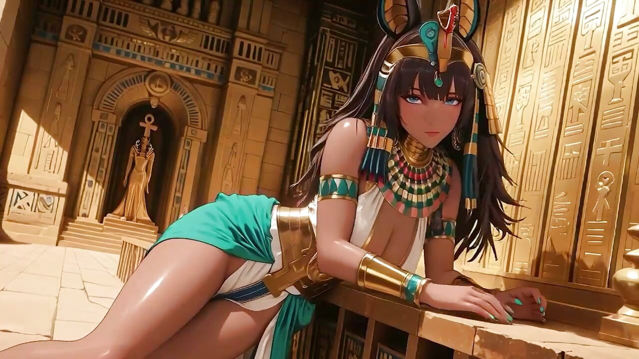 Languid on the golden throne, she runs fingers over her full chest with a hazy, arro