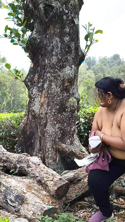 Chubby Nudist, topless outdoor in the tea plantation, exposing boobs as ass