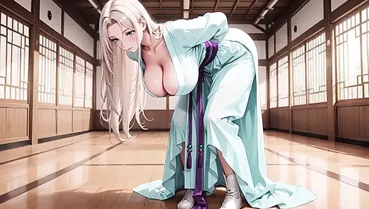 Weißes kimono-zimmermädchen! Knien auf dem japanischen Flur, hoher Schlitz, der nasse Schenkel unter der Sonne enthüllt.