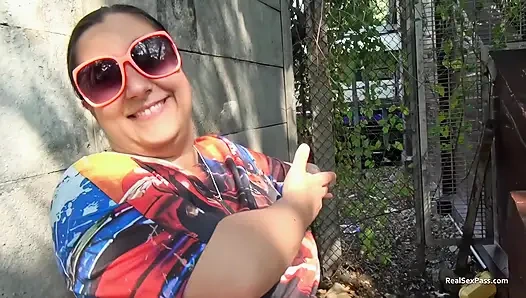 Short and thick brunette outdoor pising and public flashing