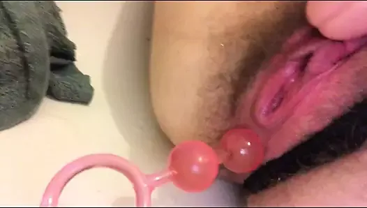 Hairy, Pumped Pussy, Piss, Anal Beads & Dildo. MESSY