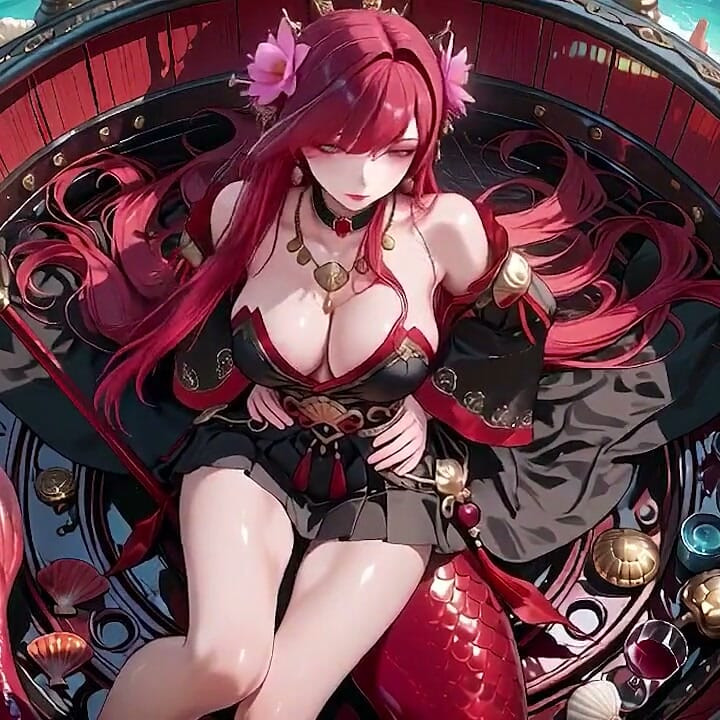 Red-haired Mermaid in Black Gown! Kneeling by the Pool, Lips & Mesmerizing Eyes.