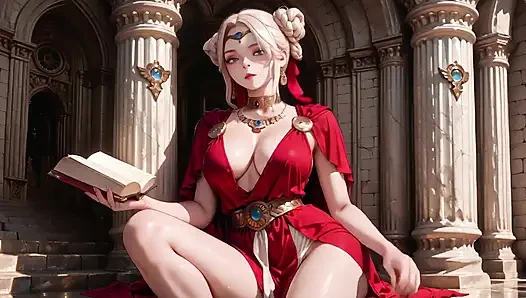 Blonde Goddess in Red! Forbidden Gaze in the Ancient Corridor, Deep V & High Slit teasing you.
