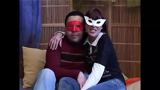 Wonderful Masked Girl with Hairy Pussy Ass Fucked and Cumshot on Small Tits by Two Big Cocks