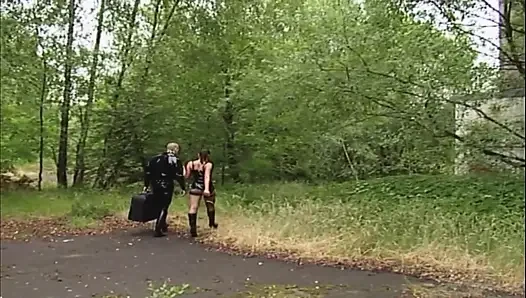 Wild BDSM Slave Licks Bowl in Leather and Fishnets
