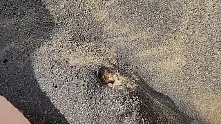 Ragazza che piscia sulla spiaggia del mare