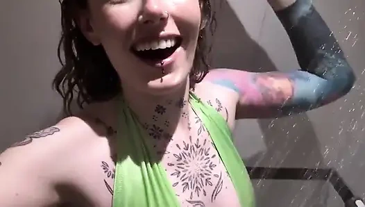 Wetlook-besessenheit dusche body anzug ficken, rutschiger dildoritt & riesige befreiung