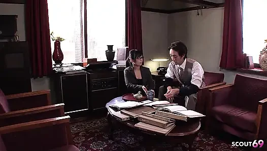 Japanese Glasses Secretary Teen seduce to Suck the Fat Cock of old Guy at Uncensored JAV Porn