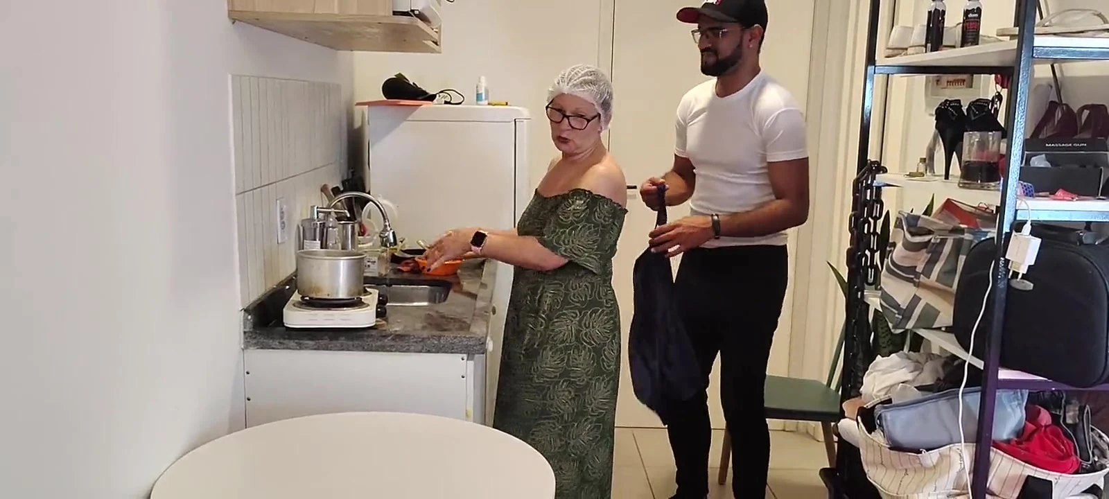 87-year-old Grandma in Her Kitchen and Her Perverted Grandson Looking Under Her Dress