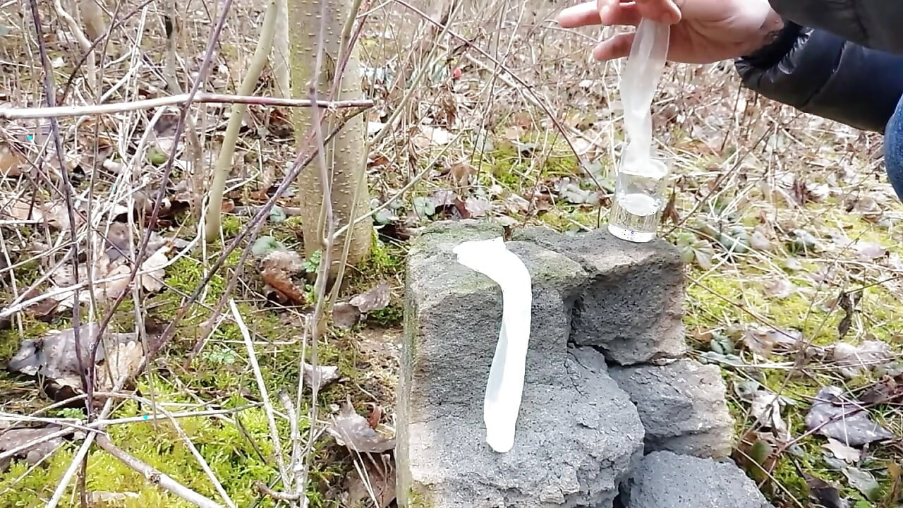 Making Cum From Two Filled Condoms After I Was Fucked Outdoors and My Jerk off After Cum Eating