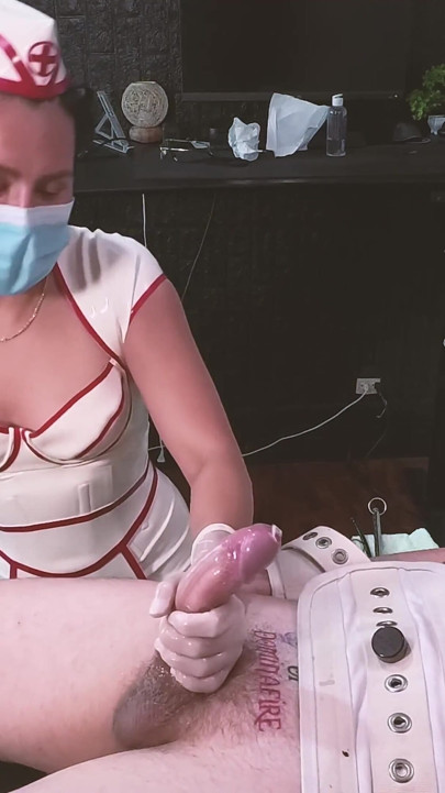 Latex Nurse Dominafire Sounds & Milks Bound Slave in Segufix