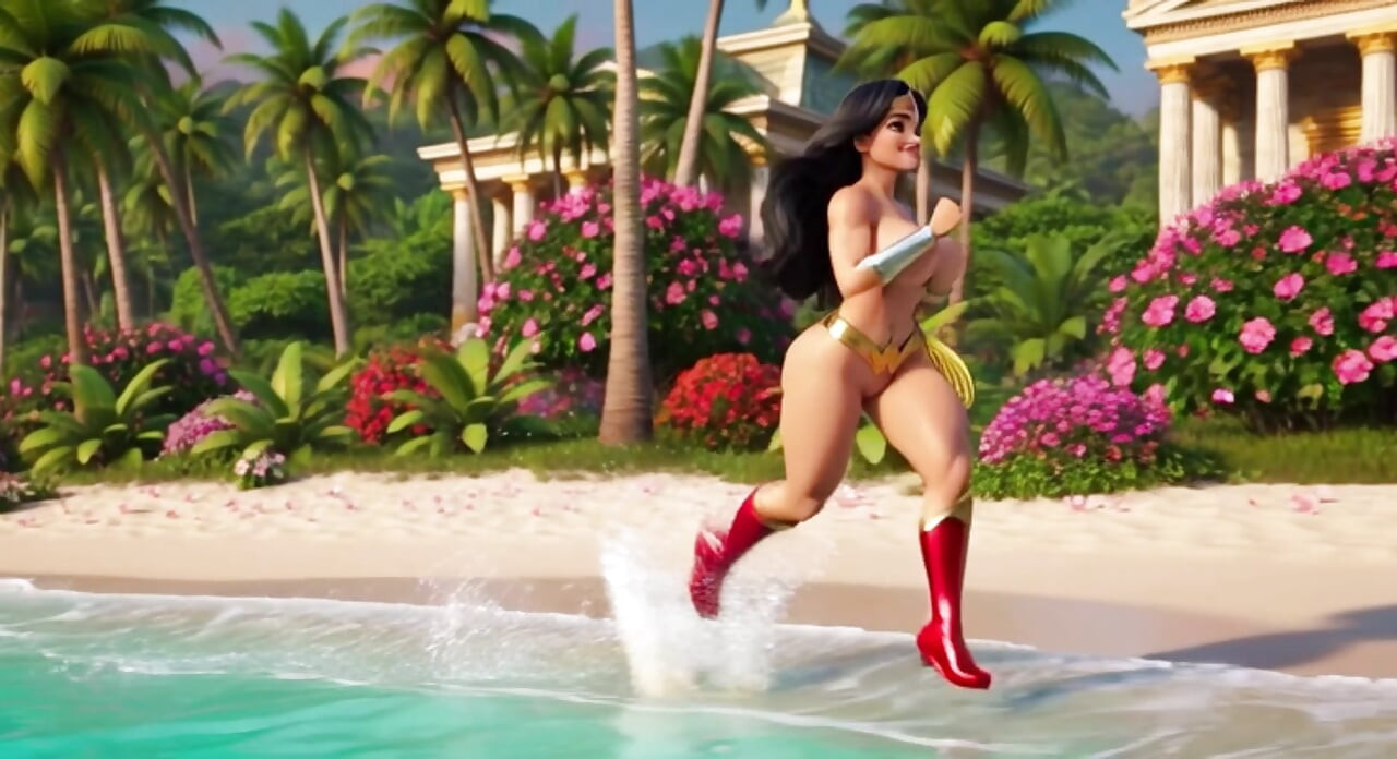 Harika kadın Crystal Lagoon ve güçlü şelale ile Themyscira Cennet Adası'nda çıplak rahatlıyor