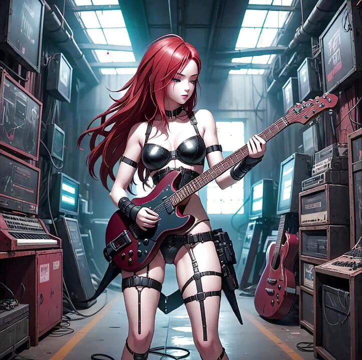 Sexy pelirroja de anime juega en video musical de ia guitarra de metal