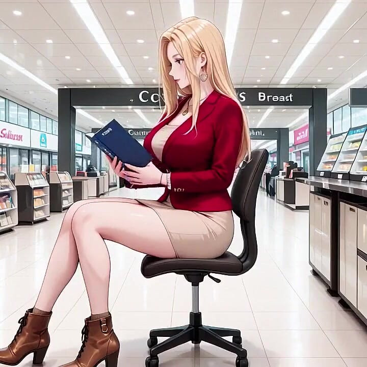 Red Suit Blonde; From Supermarket Stroll to Lazy Orgasm, She Even Puts Her Legs up on the Desk?