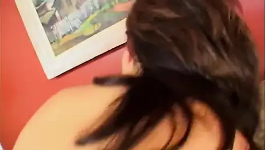 Horny brunette takes huge cock in living room