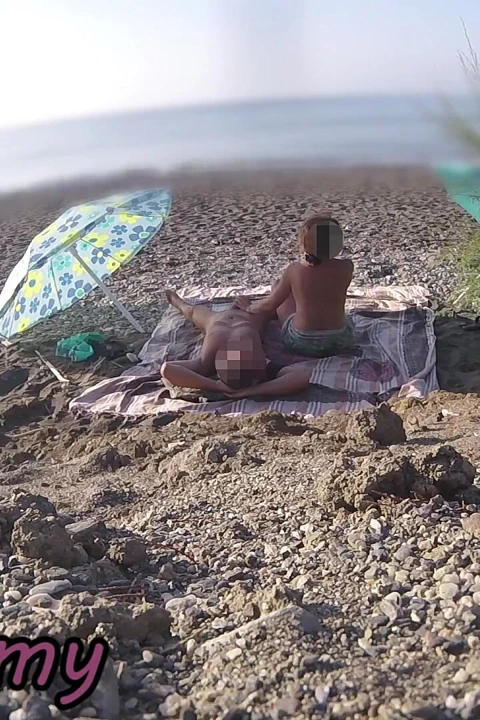 Exhibitionist Wife Outdoor Amateur MILF Blowjob & Handjob Big Cock on Nudity Beach in Front of Follower with Cum