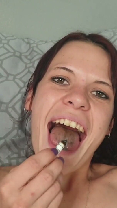 Skinny small tit slut smoking a cigarette and uses herself as a human ashtray | Clip 1