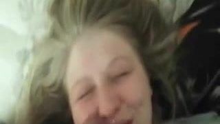 Blonde girl gets mouth fucked in the morning