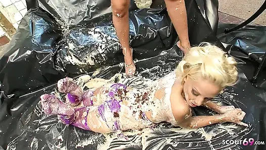 Horny Blonde Step Sisters Smeared with Vanilla Cream and Masturbates Pussy