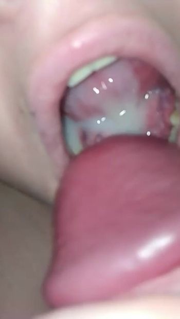 A portion of cum for a home cumslut girl. He swallows a mouthful of thick cum.