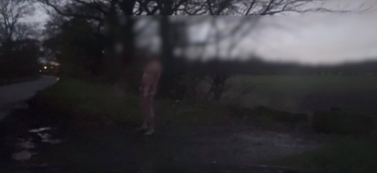 Naked and barefoot hiding from passing cars wanking and twerking