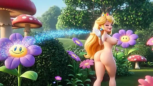 Schöne prinzessin peach nackte friedliche gartenroutine pflege magischer blumen, pilzreich natur