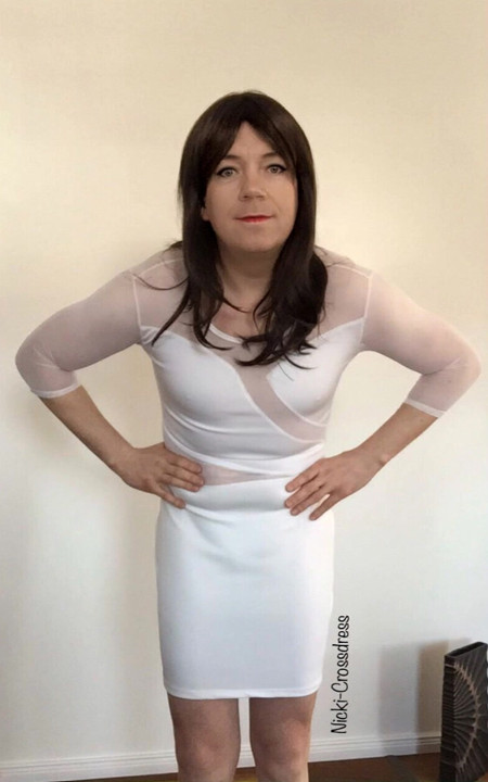 Nicki-Crossdress sexy white Mesh-Dress - small tits