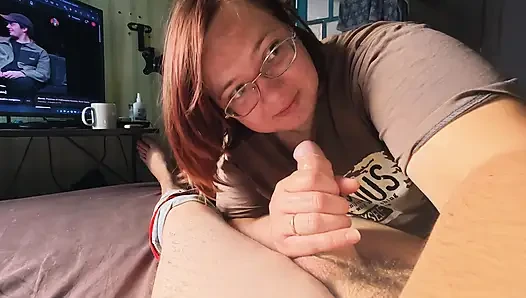 Close Up 4K Amateur Girlfriend Blowjob Curvy Brunette with Glasses Sucks and Strokes Cock