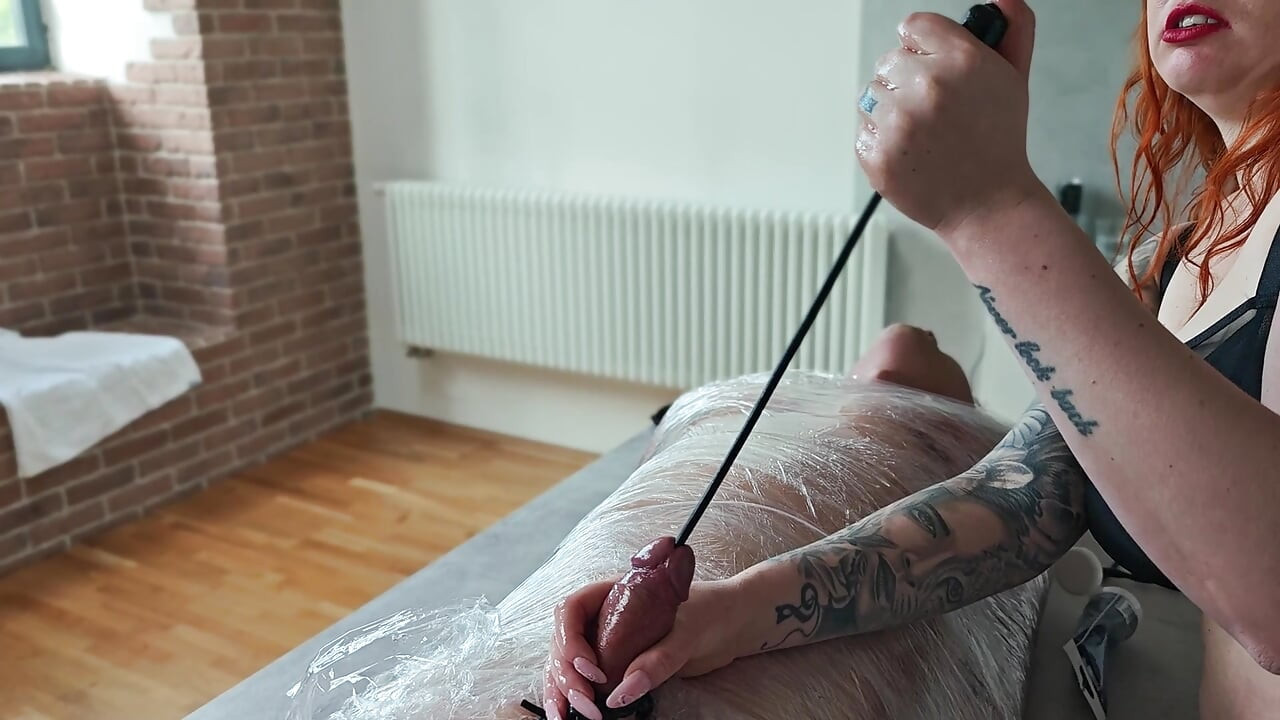 Femdom Mummification. Busty Dominatrix Stretches Slave and Uses a Urethral Dilator to Bring Him Ejaculation